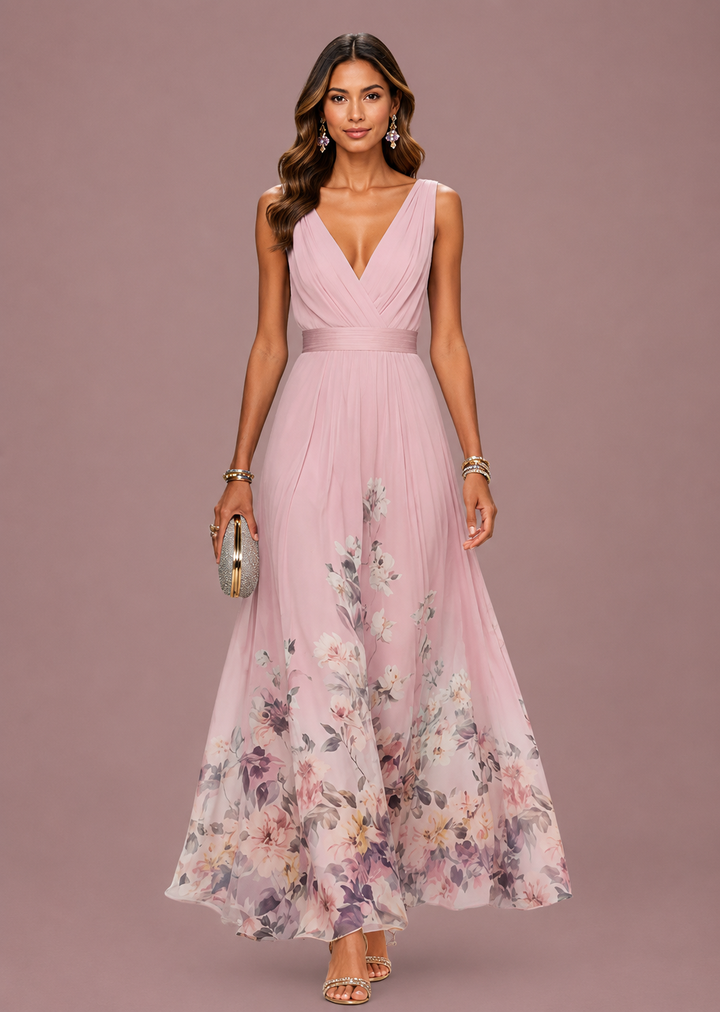 Vivienne | Dames V Hals Mouwloze Bloemen Bruiloft Gast Maxi Jurk