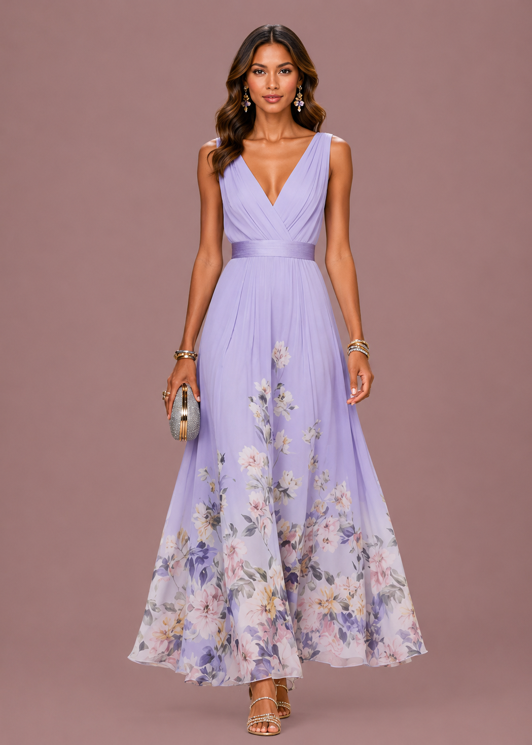 Vivienne | Dames V Hals Mouwloze Bloemen Bruiloft Gast Maxi Jurk