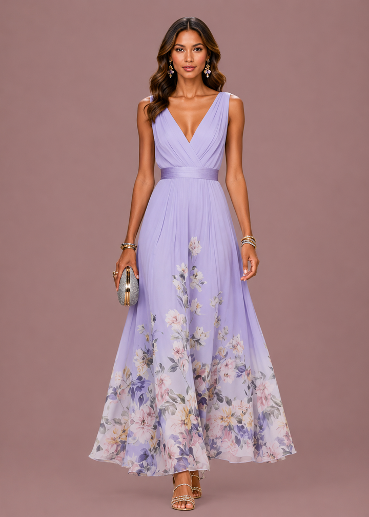 Vivienne | Dames V Hals Mouwloze Bloemen Bruiloft Gast Maxi Jurk