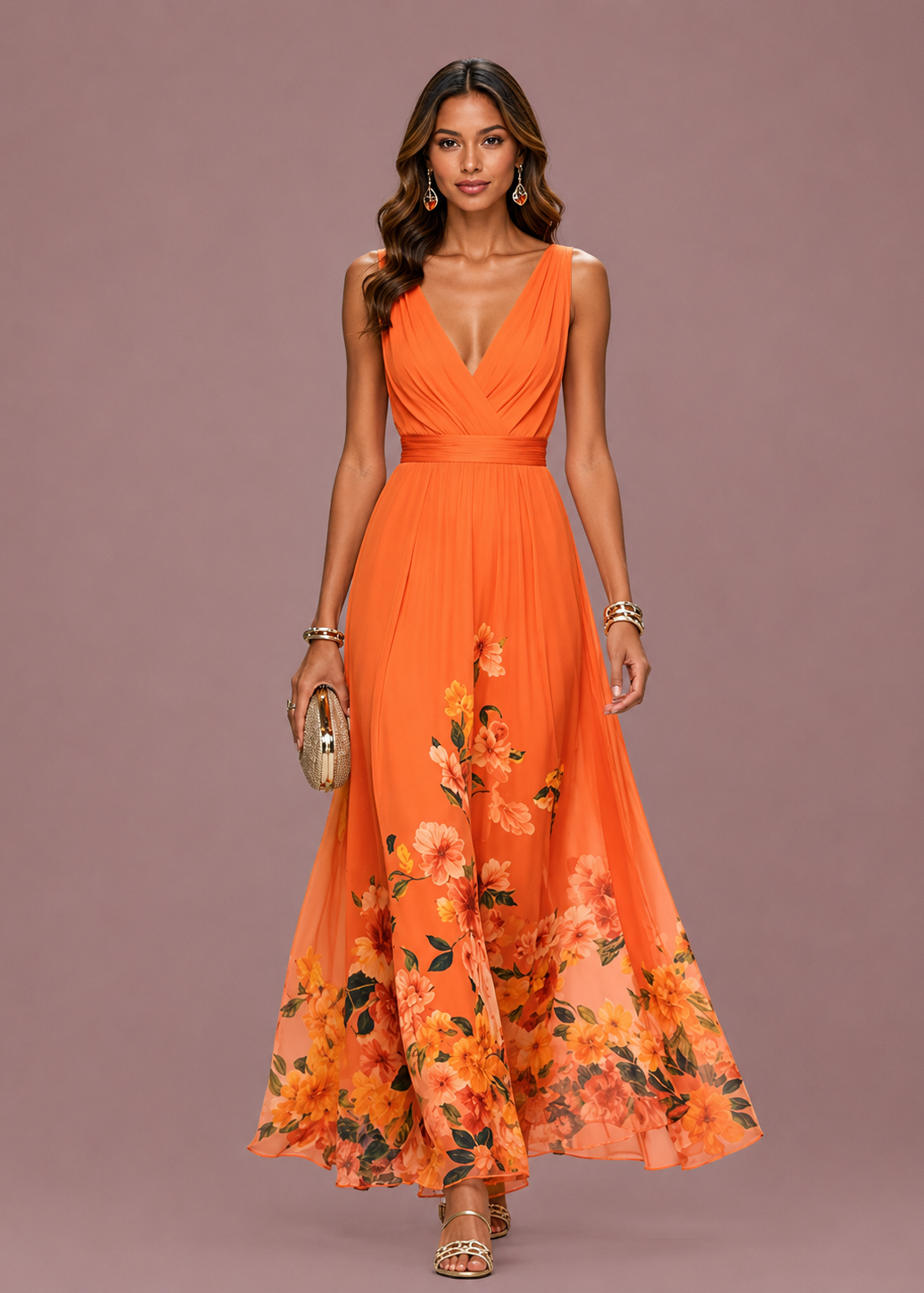 Vivienne | Dames V Hals Mouwloze Bloemen Bruiloft Gast Maxi Jurk