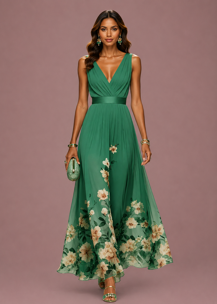 Vivienne | Dames V Hals Mouwloze Bloemen Bruiloft Gast Maxi Jurk