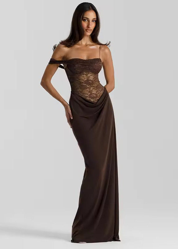 Cosima | Dames Off Shoulder Kanten Korset Maxi Jurk voor Bruiloftsgasten