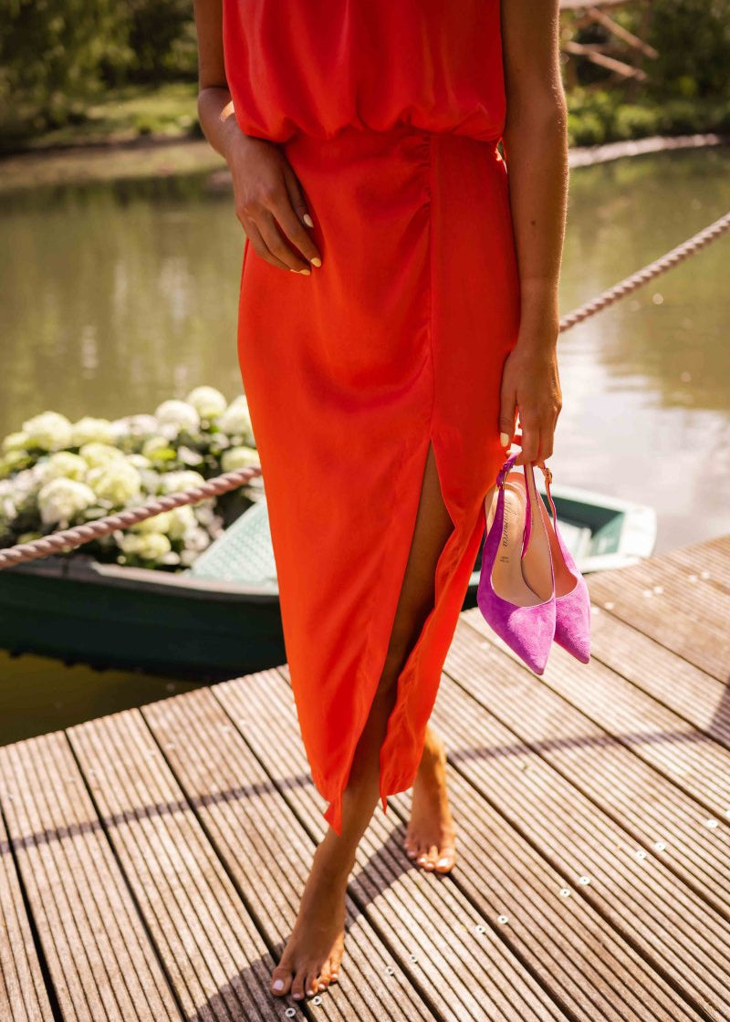 Annabelle | Dames Bruiloftsgast One Shoulder Midi Jurk met Split