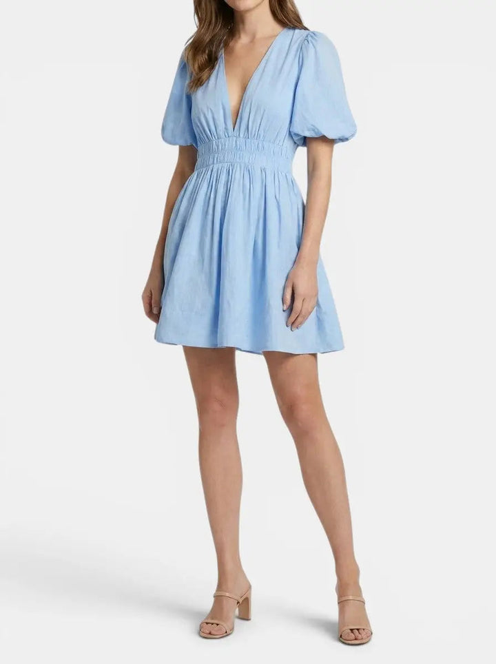 Tess | Dames Linnen V Hals Pofmouw Mini Jurk