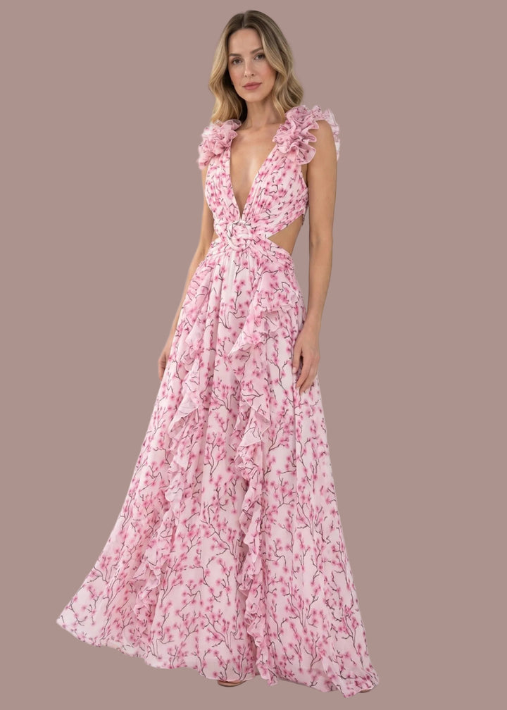 Noor | Dames V Hals Bloemenprint Bruiloftsgast Maxi Jurk met Ruches