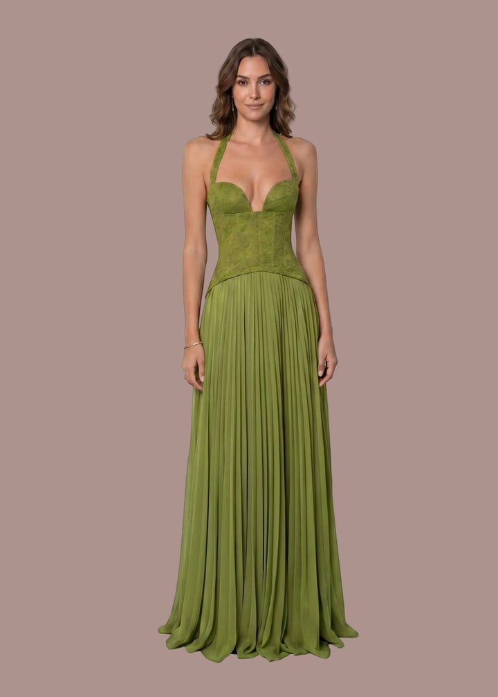 Lieke | Dames Halter Kant Korset Geplooide Groene Bruiloftsgast Maxi Jurk