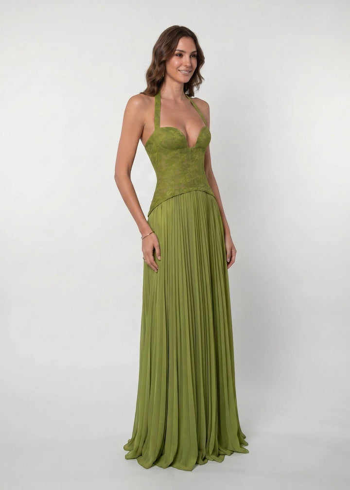 Lieke | Dames Halter Kant Korset Geplooide Groene Bruiloftsgast Maxi Jurk