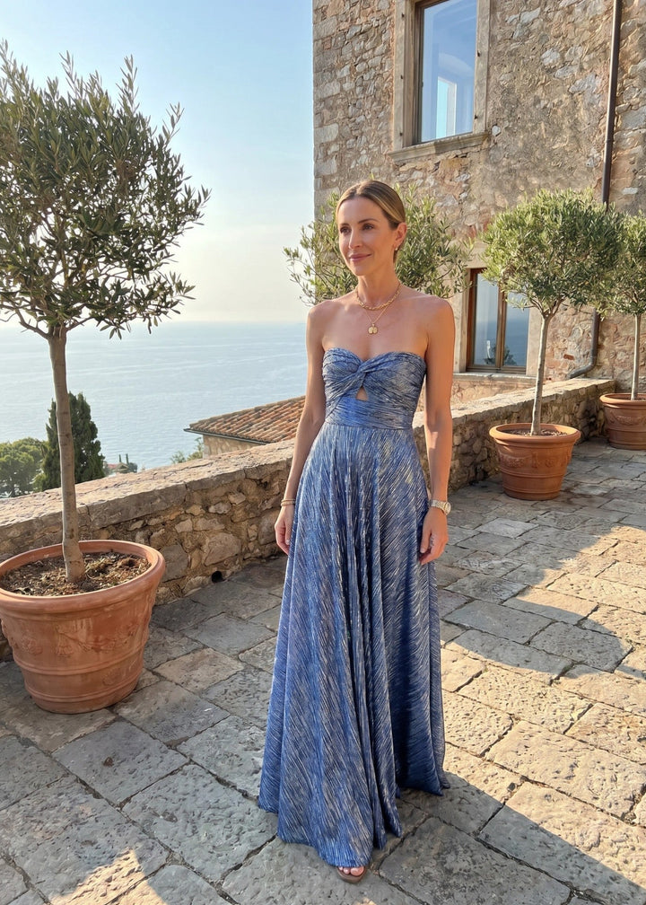 Sophie | Dames Strapless Geplooide Bruiloftsgast Maxi Jurk met Gedraaide Voorkant