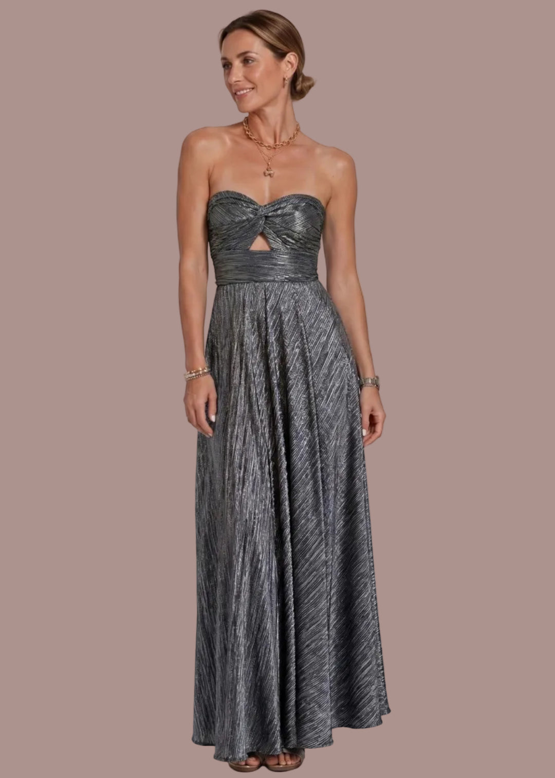 Sophie | Dames Strapless Geplooide Bruiloftsgast Maxi Jurk met Gedraaide Voorkant