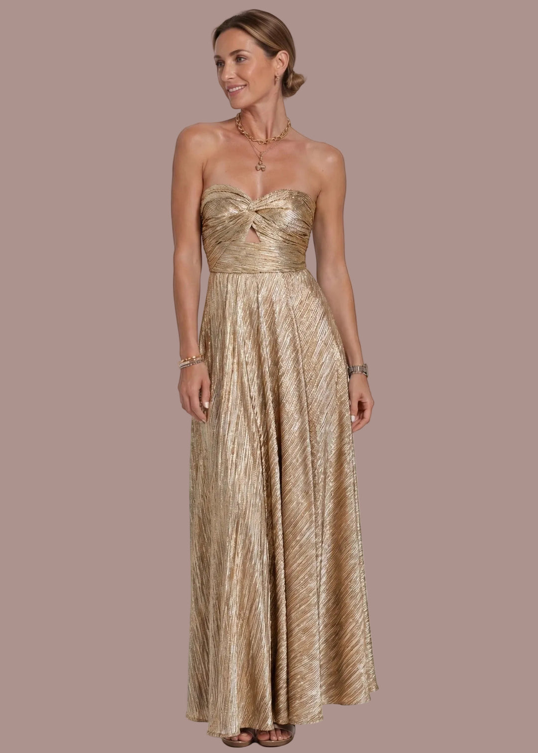 Sophie | Dames Strapless Geplooide Bruiloftsgast Maxi Jurk met Gedraaide Voorkant