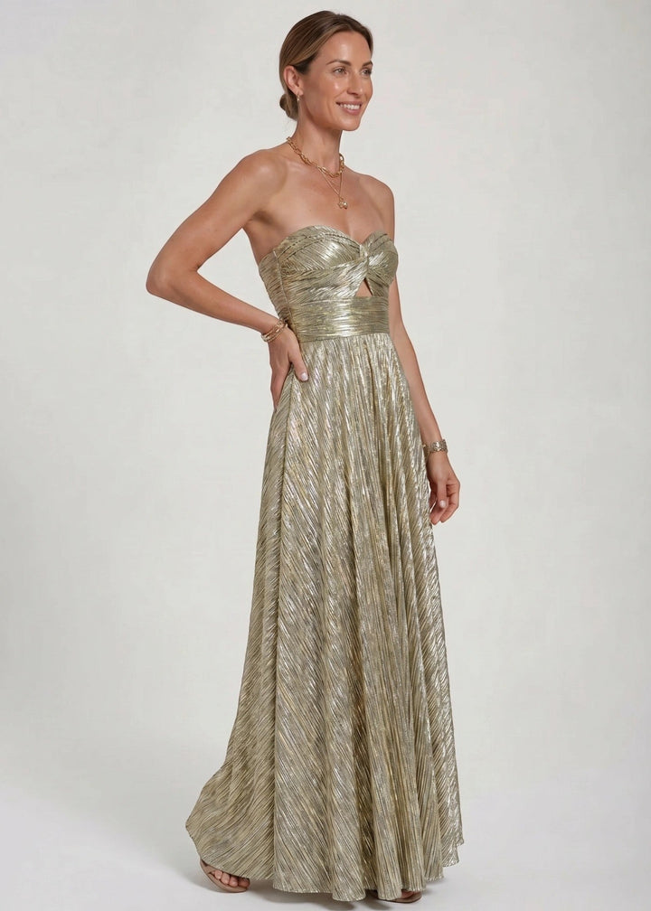 Sophie | Dames Strapless Geplooide Bruiloftsgast Maxi Jurk met Gedraaide Voorkant