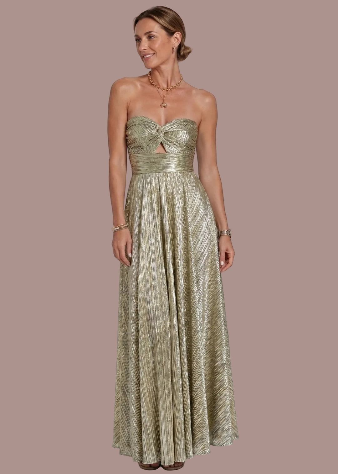 Sophie | Dames Strapless Geplooide Bruiloftsgast Maxi Jurk met Gedraaide Voorkant