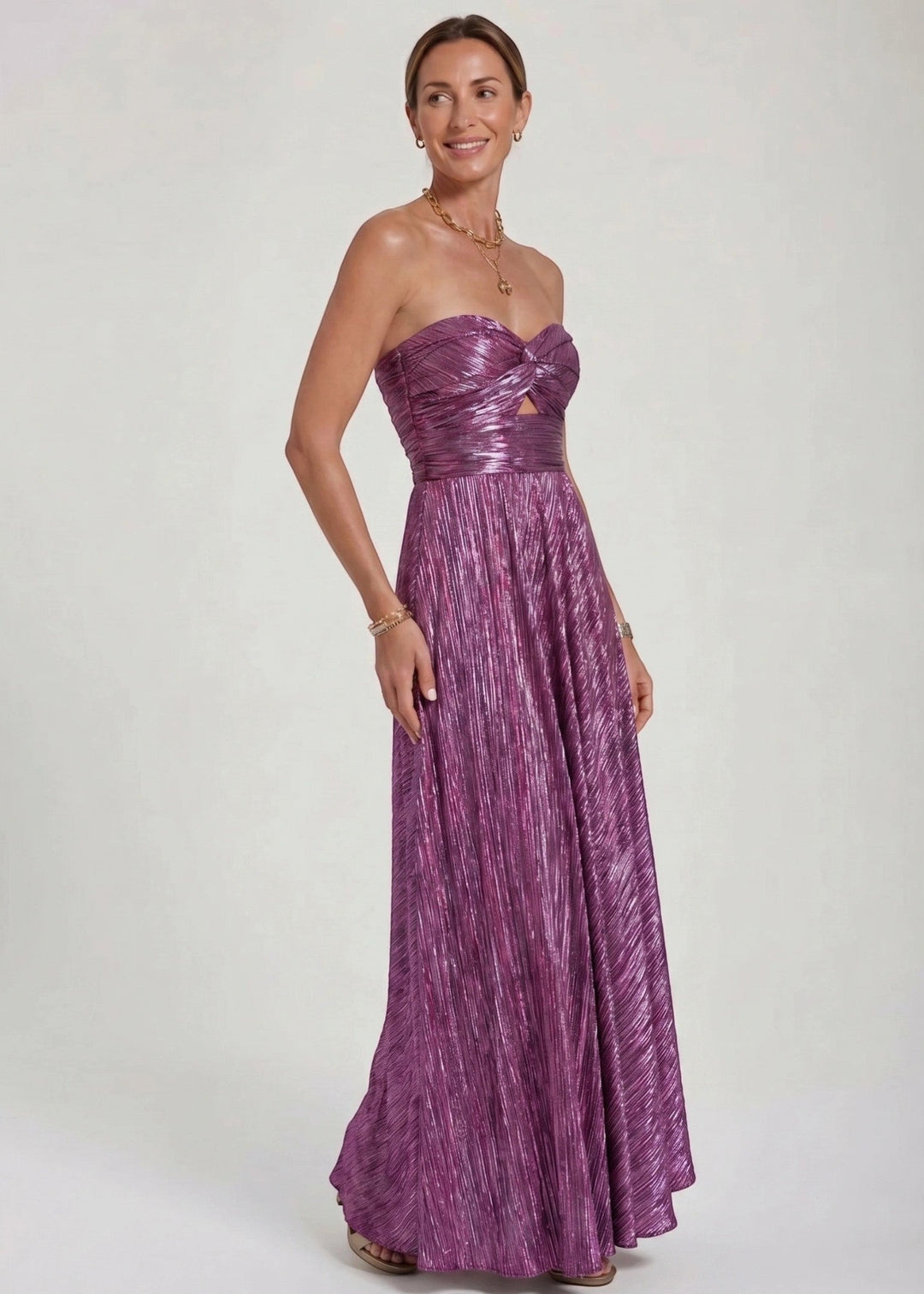 Sophie | Dames Strapless Geplooide Bruiloftsgast Maxi Jurk met Gedraaide Voorkant