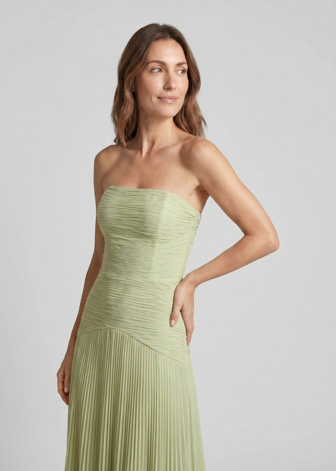 Marit | Dames Strapless Geplooide Bruiloftsgast Maxi Jurk met Verlaagde Taille