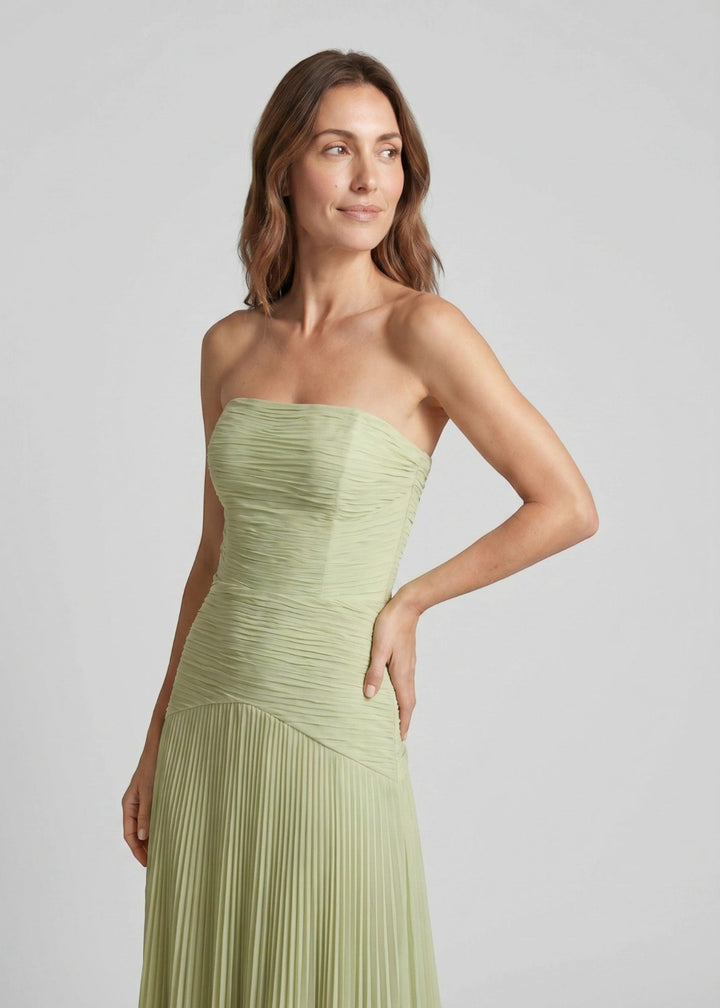 Marit | Dames Strapless Geplooide Bruiloftsgast Maxi Jurk met Verlaagde Taille