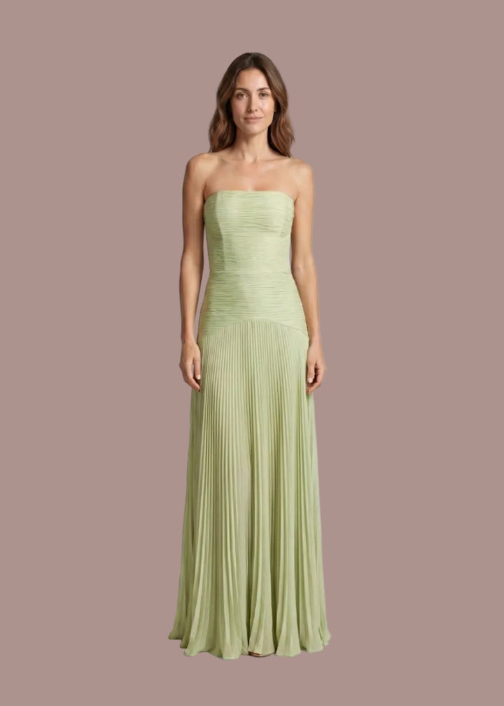 Marit | Dames Strapless Geplooide Bruiloftsgast Maxi Jurk met Verlaagde Taille